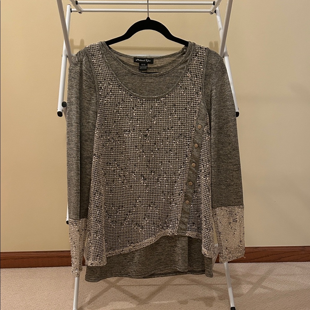 Michael Tyler Elegant Gray and Cream Blouse
